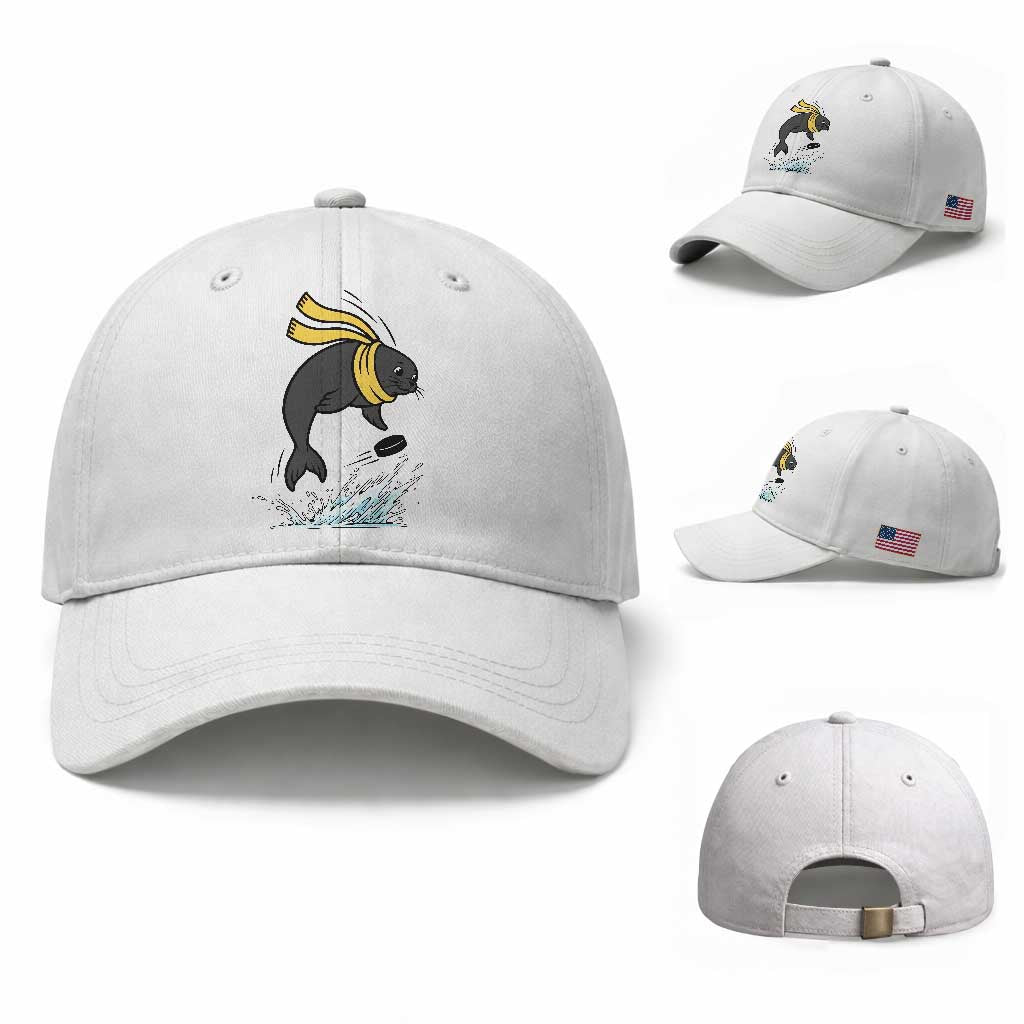 Funny Seal Playing Ice Hockey Baseball Cap Winter Sports Gift