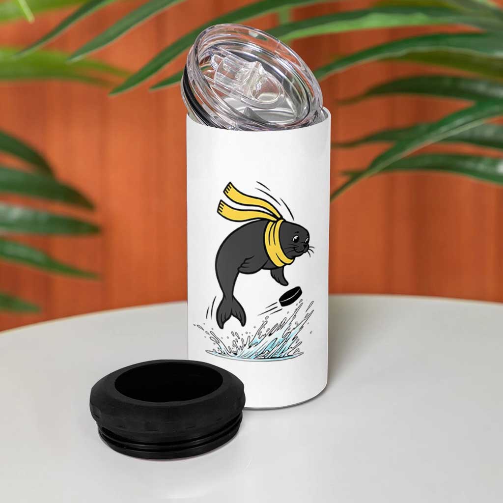 Funny Seal Playing Ice Hockey 4 in 1 Can Cooler Tumbler Winter Sports Gift - Wonder Print Shop