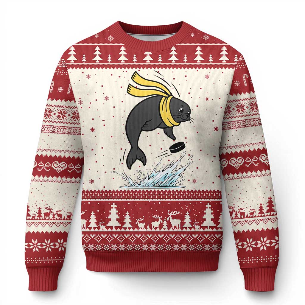 Funny Seal Playing Ice Hockey Ugly Christmas Sweater Winter Sports Gift - Wonder Print Shop