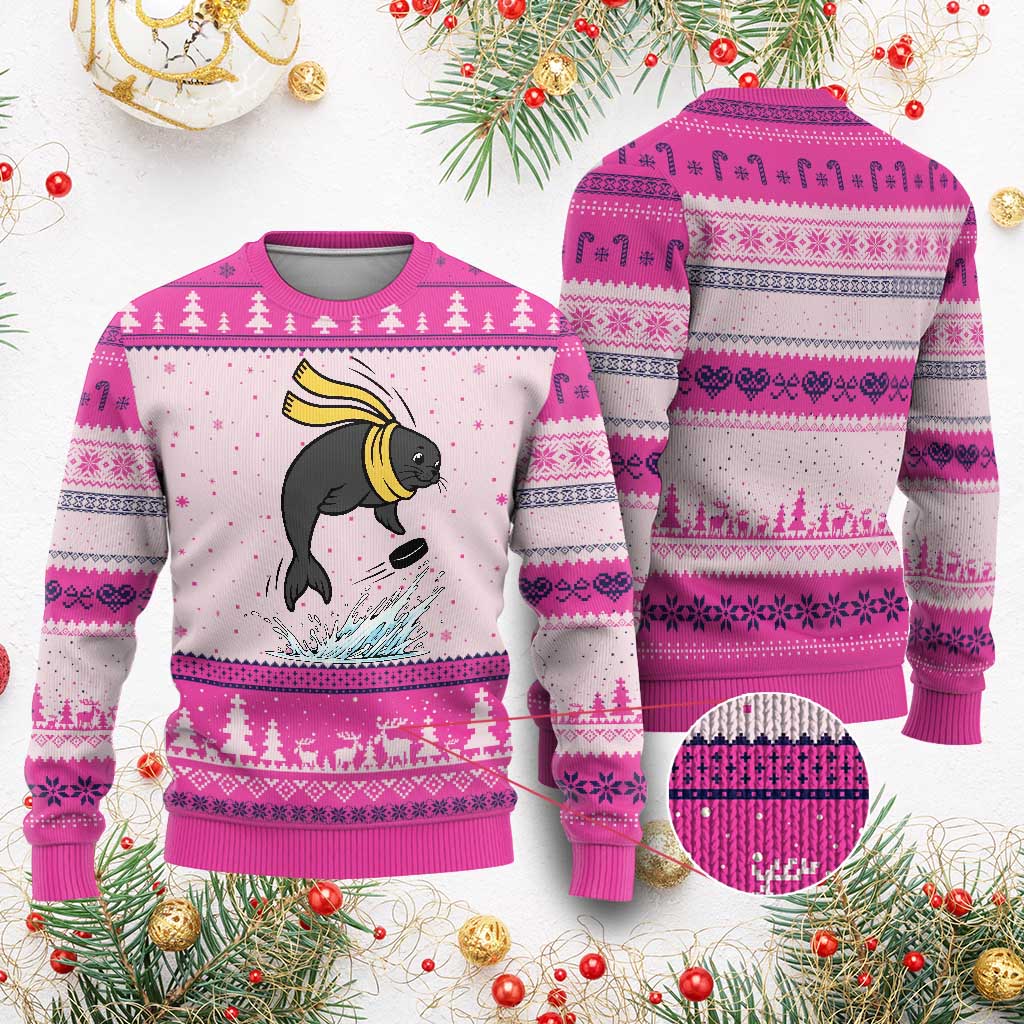 Funny Seal Playing Ice Hockey Ugly Christmas Sweater Winter Sports Gift - Wonder Print Shop