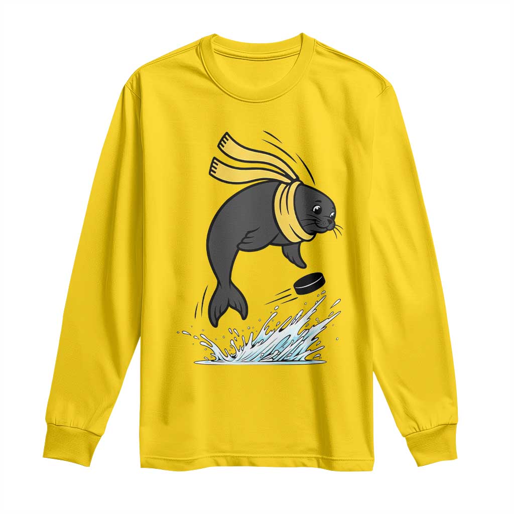 Funny Seal Playing Ice Hockey Long Sleeve Shirt Winter Sports Gift - Wonder Print Shop