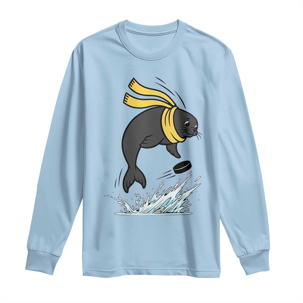 Funny Seal Playing Ice Hockey Long Sleeve Shirt Winter Sports Gift - Wonder Print Shop