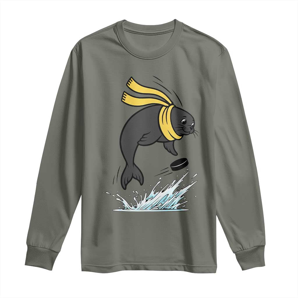 Funny Seal Playing Ice Hockey Long Sleeve Shirt Winter Sports Gift - Wonder Print Shop