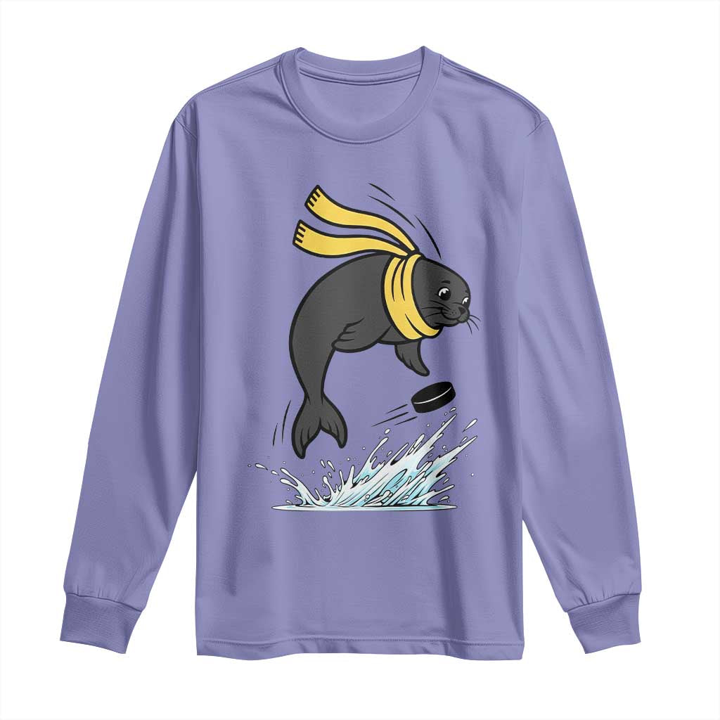 Funny Seal Playing Ice Hockey Long Sleeve Shirt Winter Sports Gift - Wonder Print Shop