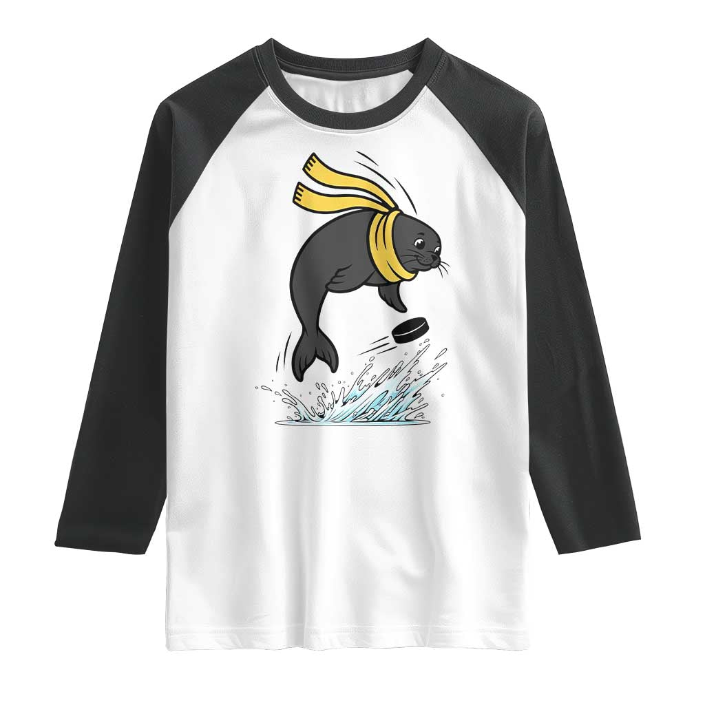 Funny Seal Playing Ice Hockey Raglan Shirt Winter Sports Gift - Wonder Print Shop