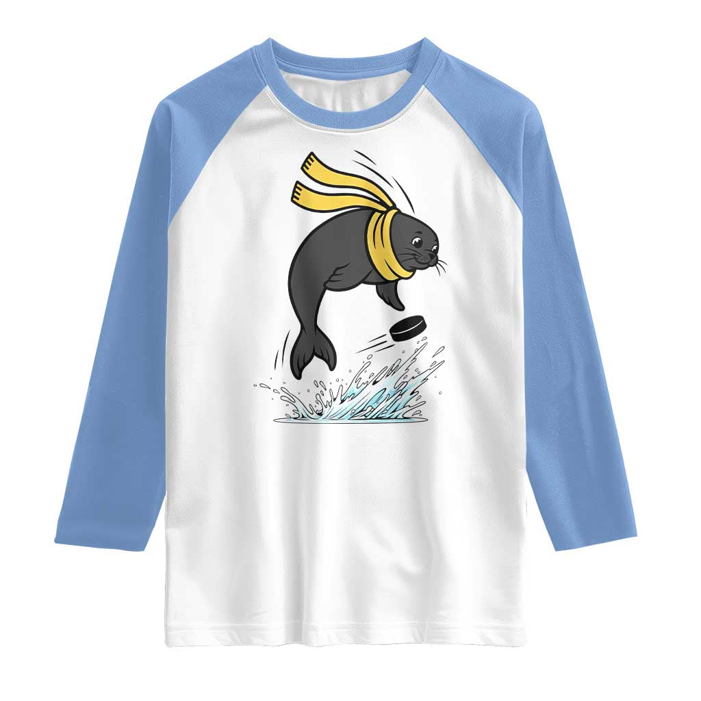 Funny Seal Playing Ice Hockey Raglan Shirt Winter Sports Gift - Wonder Print Shop