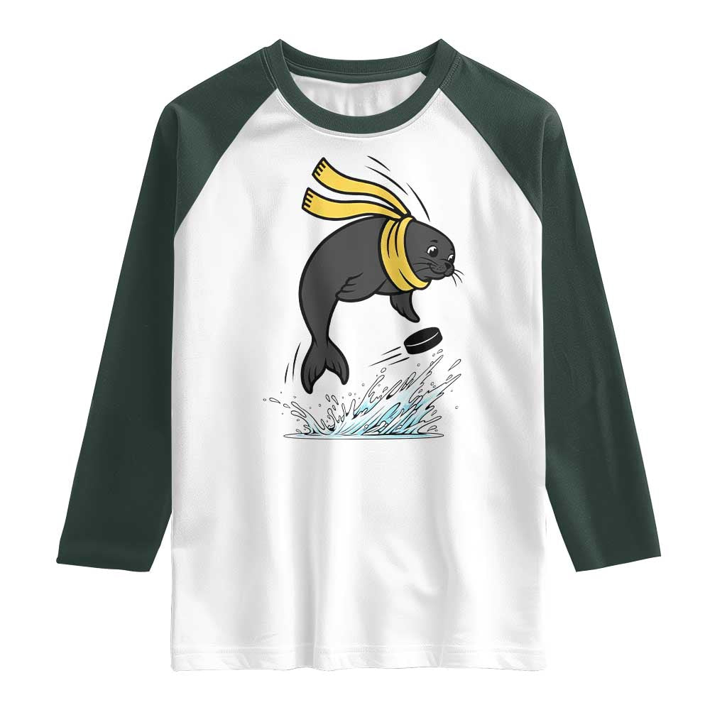 Funny Seal Playing Ice Hockey Raglan Shirt Winter Sports Gift - Wonder Print Shop