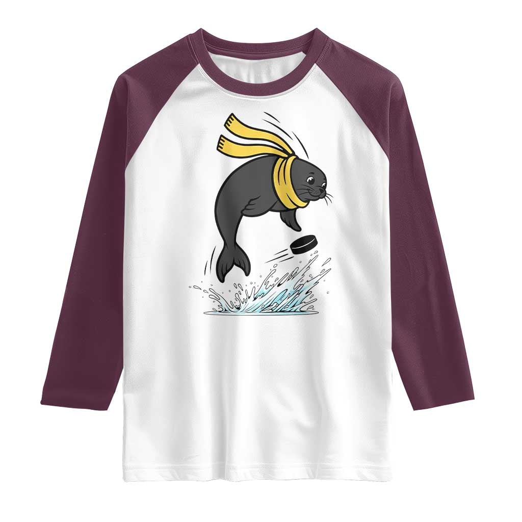 Funny Seal Playing Ice Hockey Raglan Shirt Winter Sports Gift - Wonder Print Shop
