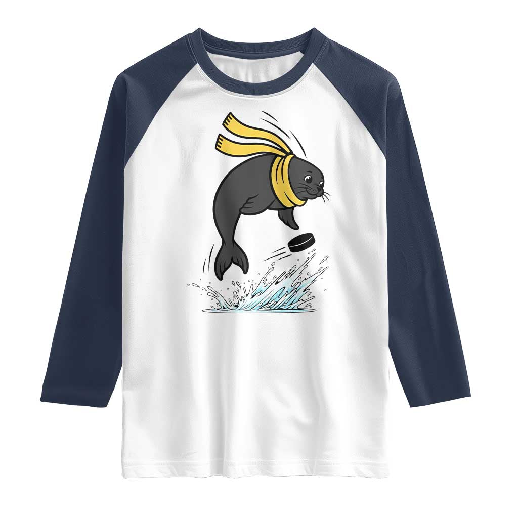 Funny Seal Playing Ice Hockey Raglan Shirt Winter Sports Gift - Wonder Print Shop