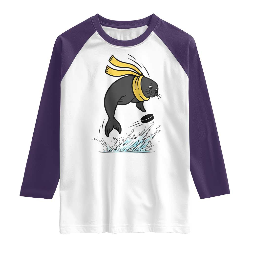 Funny Seal Playing Ice Hockey Raglan Shirt Winter Sports Gift - Wonder Print Shop