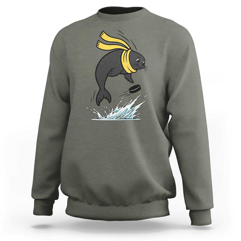 Funny Seal Playing Ice Hockey Sweatshirt Winter Sports Gift - Wonder Print Shop