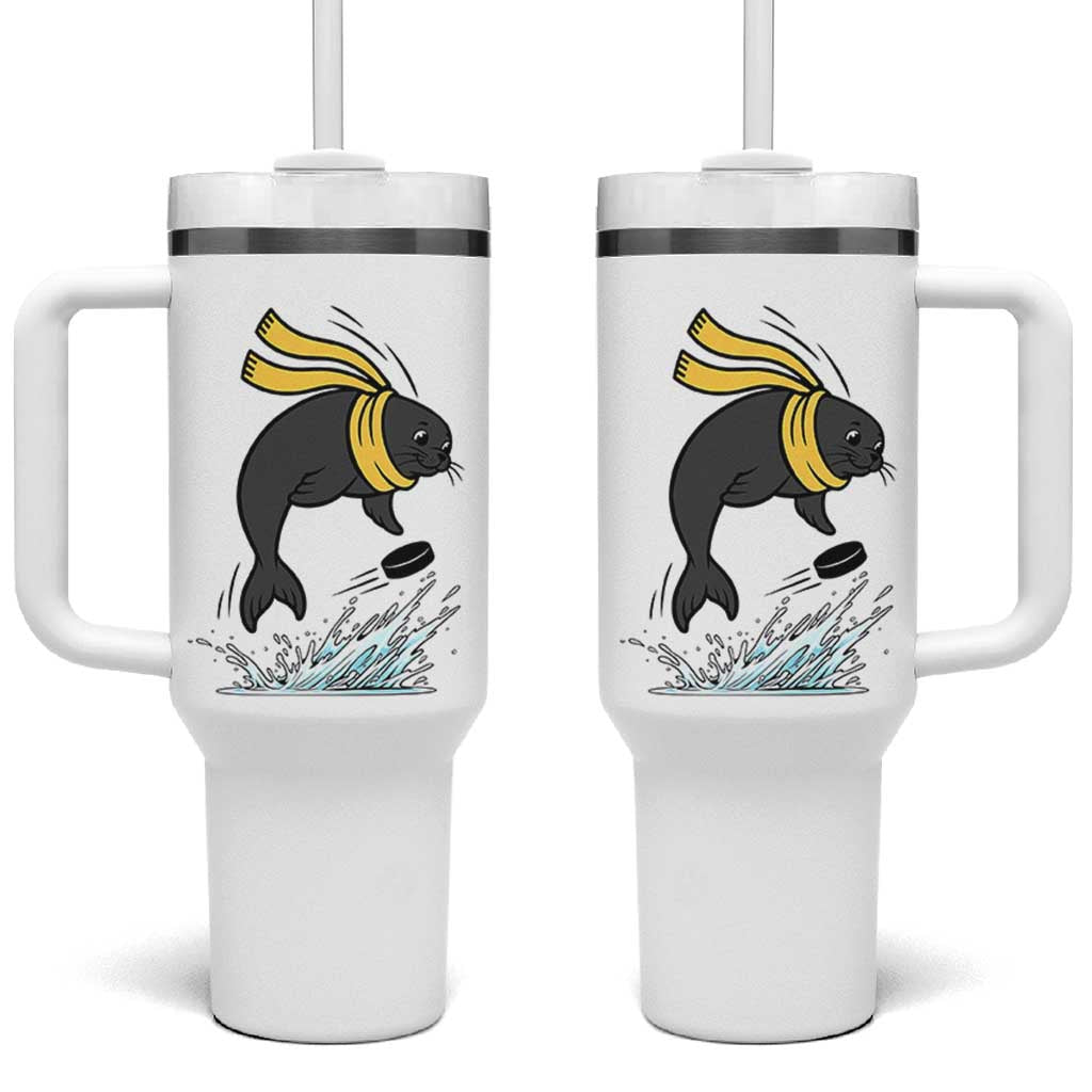 Funny Seal Playing Ice Hockey Tumbler With Handle Winter Sports Gift - Wonder Print Shop