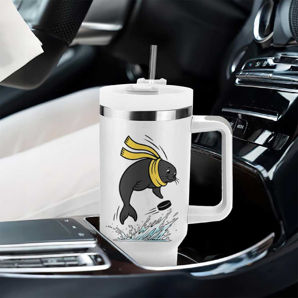 Funny Seal Playing Ice Hockey Tumbler With Handle Winter Sports Gift - Wonder Print Shop