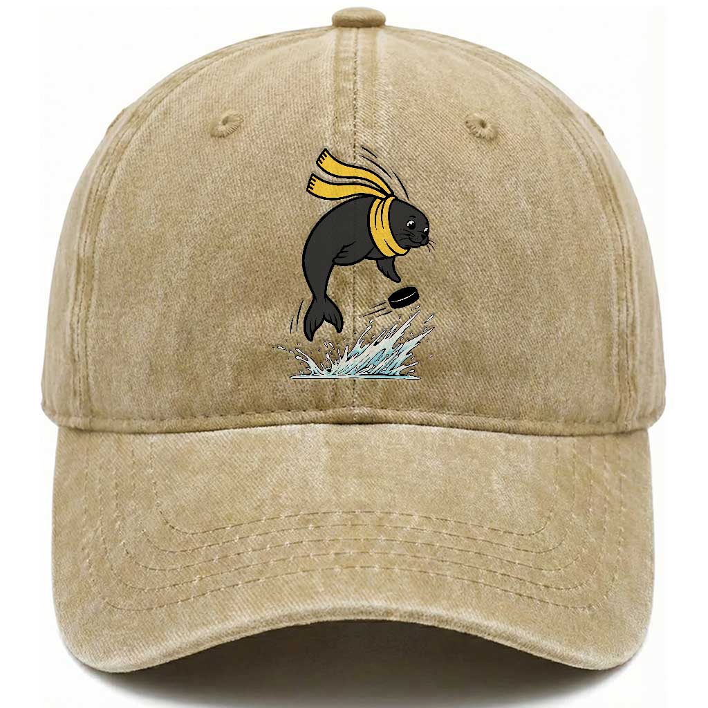 Funny Seal Playing Ice Hockey Washed Cotton Baseball Cap Winter Sports Gift