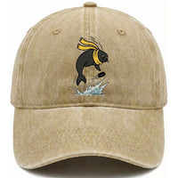 Funny Seal Playing Ice Hockey Washed Cotton Baseball Cap Winter Sports Gift