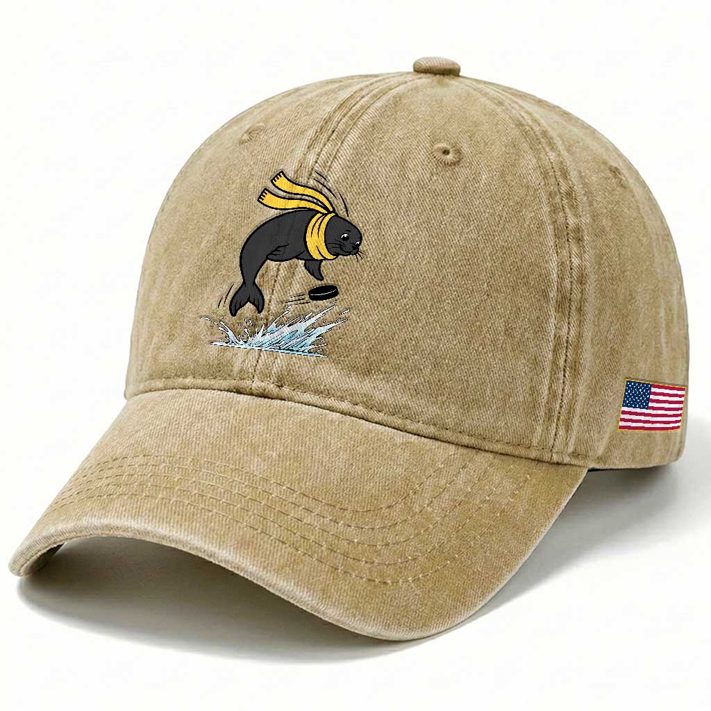 Funny Seal Playing Ice Hockey Washed Cotton Baseball Cap Winter Sports Gift