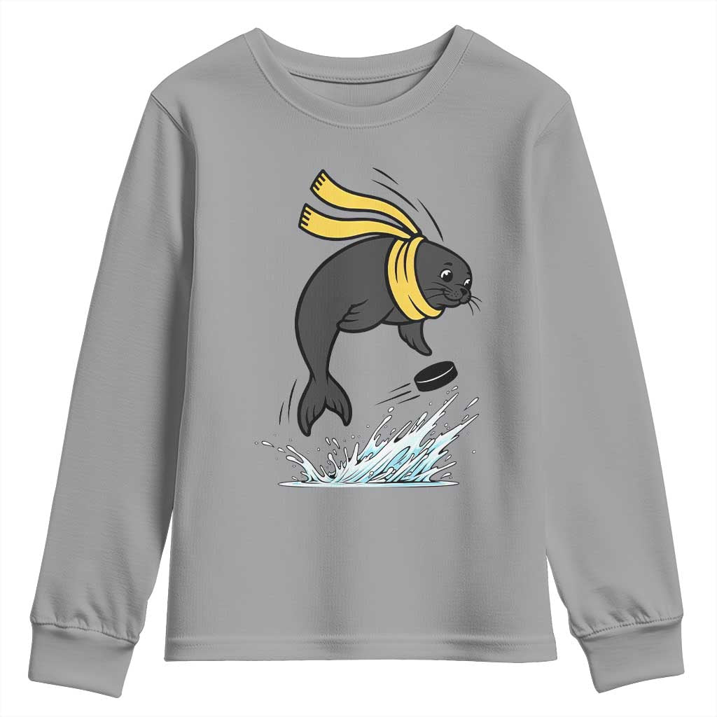 Funny Seal Playing Ice Hockey Youth Sweatshirt Winter Sports Gift - Wonder Print Shop