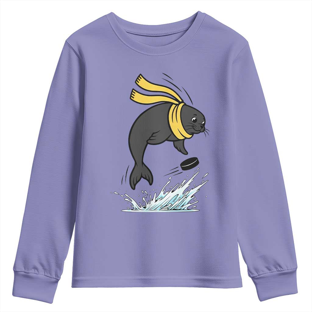 Funny Seal Playing Ice Hockey Youth Sweatshirt Winter Sports Gift - Wonder Print Shop