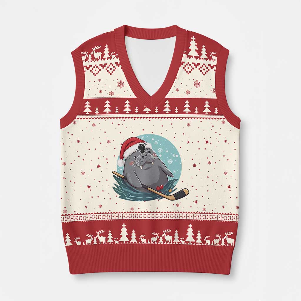 Snowy Seal Ice Hockey Lover V-Neck Knit Sweater Vest Funny Xmas Gift - Wonder Print Shop