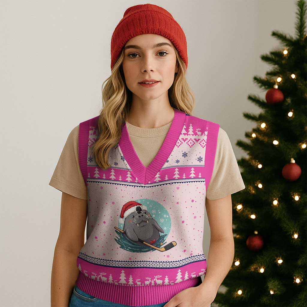 Snowy Seal Ice Hockey Lover V-Neck Knit Sweater Vest Funny Xmas Gift - Wonder Print Shop