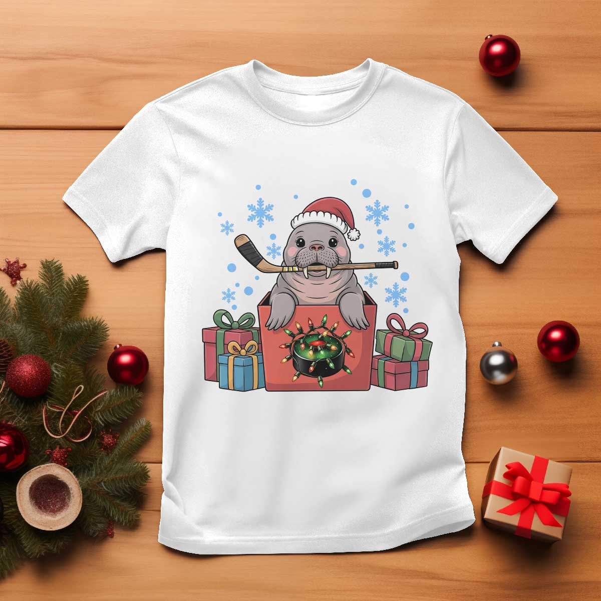 Santa Seal Playing Ice Hockey T Shirt Funny Christmas Gift - Wonder Print Shop