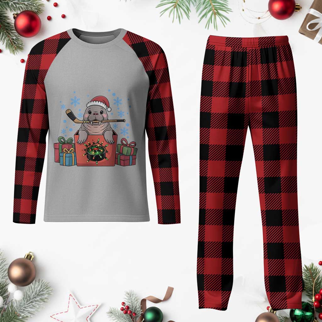 Santa Seal Playing Ice Hockey Plaid Pajama Set Funny Christmas Gift - Wonder Print Shop