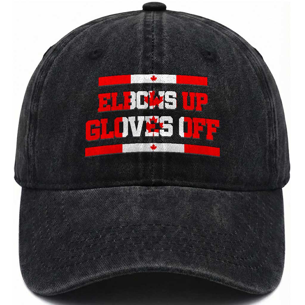 Elbows Up Gloves Off Washed Cotton Baseball Cap Canadian Ice Hockey Lover Gift