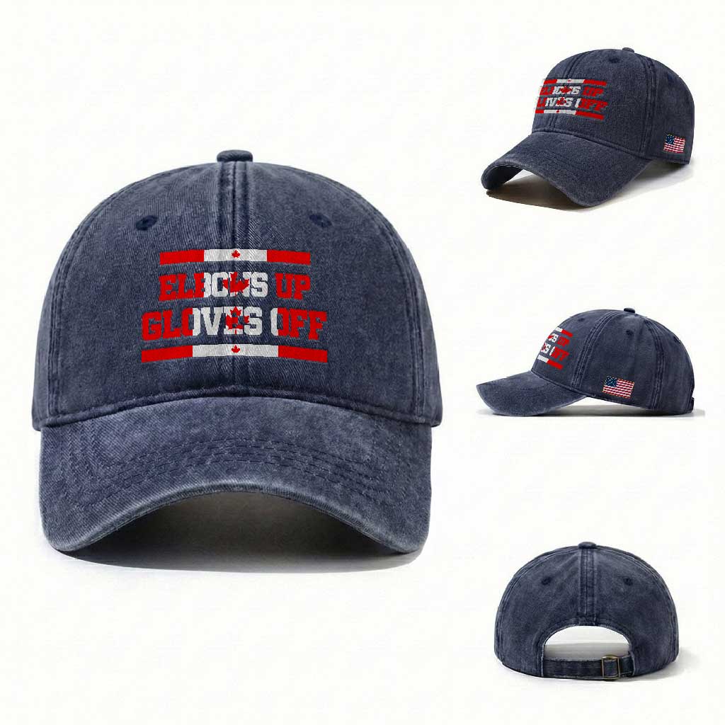 Elbows Up Gloves Off Washed Cotton Baseball Cap Canadian Ice Hockey Lover Gift