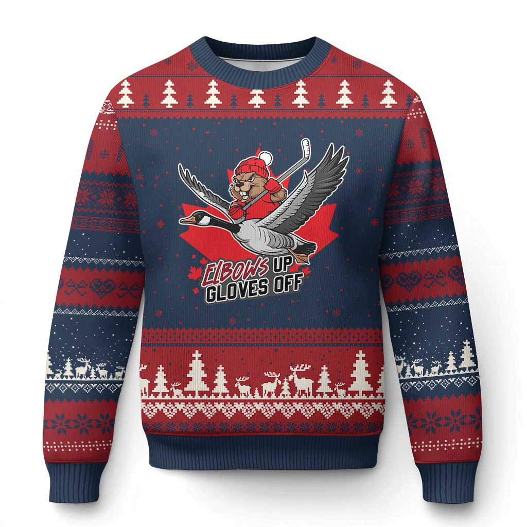 Elbows Up Gloves Off Ugly Christmas Sweater Canadian Ice Hockey Beaver Gift - Wonder Print Shop