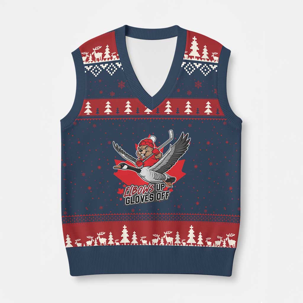 Elbows Up Gloves Off V-Neck Knit Sweater Vest Canadian Ice Hockey Beaver Gift - Wonder Print Shop