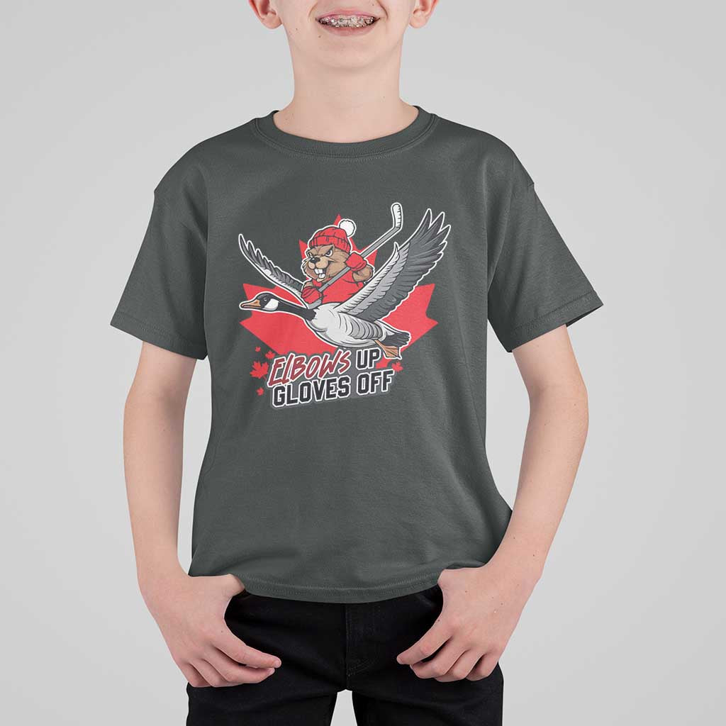 Elbows Up Gloves Off T Shirt For Kid Canadian Ice Hockey Beaver Gift - Wonder Print Shop