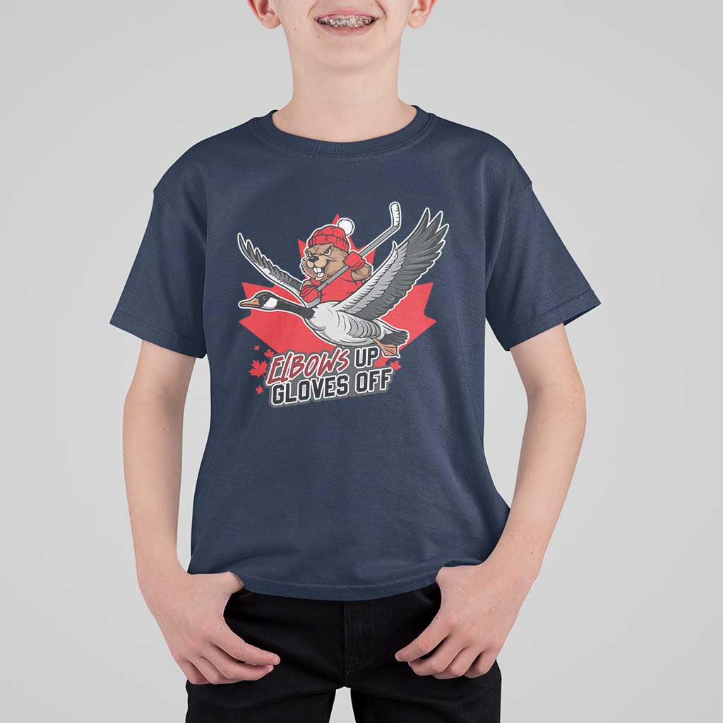 Elbows Up Gloves Off T Shirt For Kid Canadian Ice Hockey Beaver Gift - Wonder Print Shop
