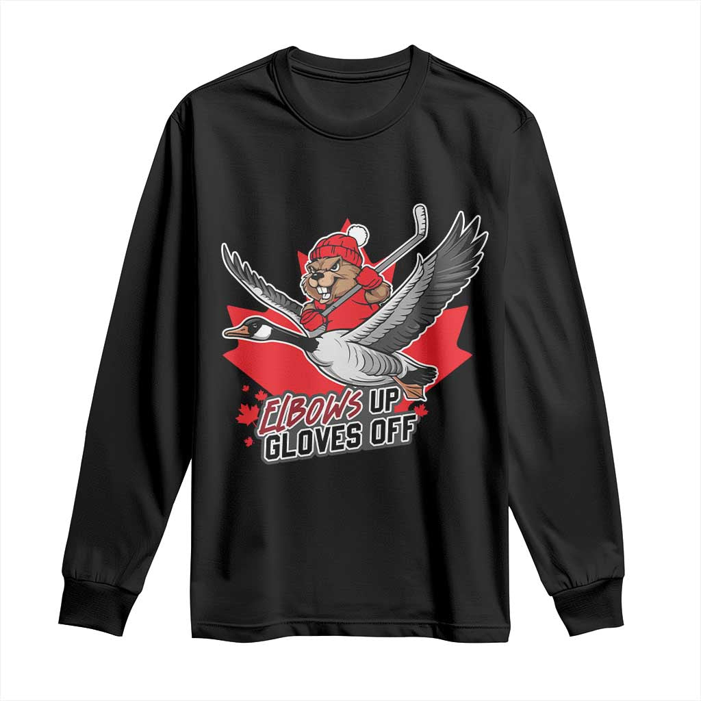 Elbows Up Gloves Off Long Sleeve Shirt Canadian Ice Hockey Beaver Gift - Wonder Print Shop