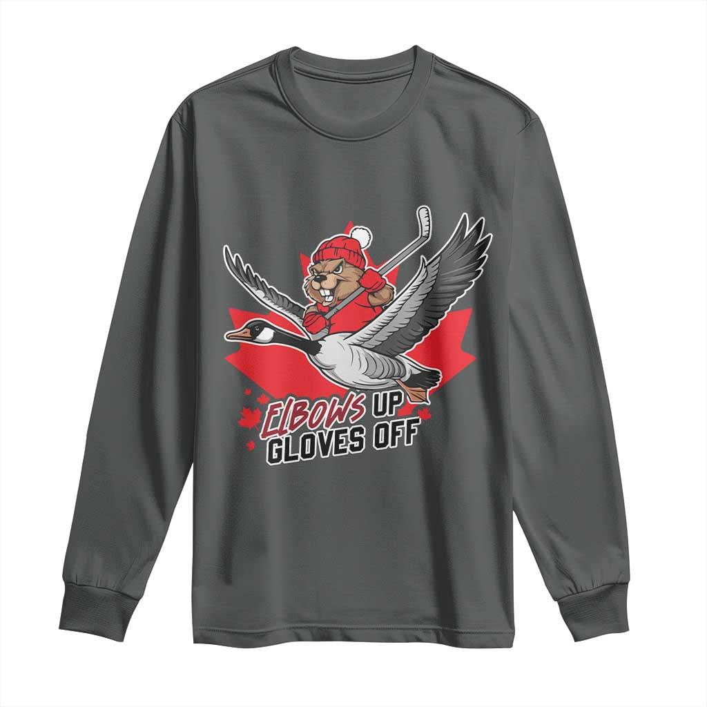 Elbows Up Gloves Off Long Sleeve Shirt Canadian Ice Hockey Beaver Gift - Wonder Print Shop