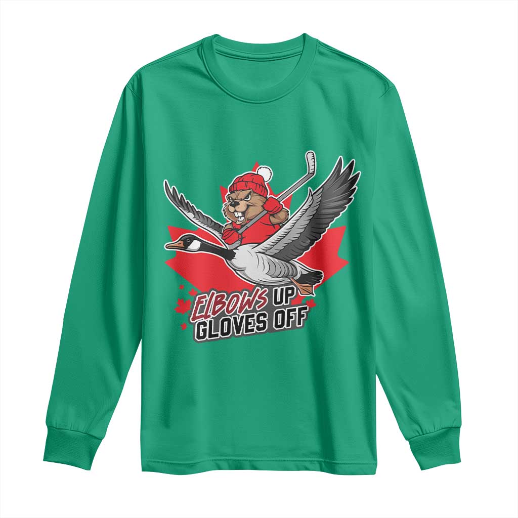 Elbows Up Gloves Off Long Sleeve Shirt Canadian Ice Hockey Beaver Gift - Wonder Print Shop