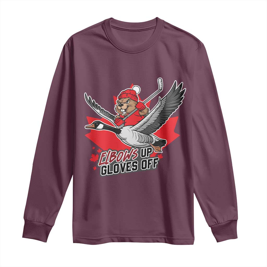 Elbows Up Gloves Off Long Sleeve Shirt Canadian Ice Hockey Beaver Gift - Wonder Print Shop