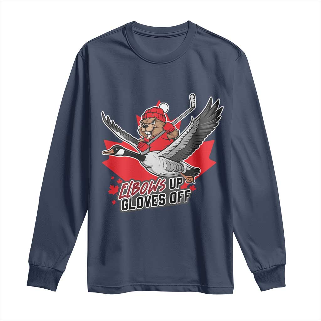 Elbows Up Gloves Off Long Sleeve Shirt Canadian Ice Hockey Beaver Gift - Wonder Print Shop