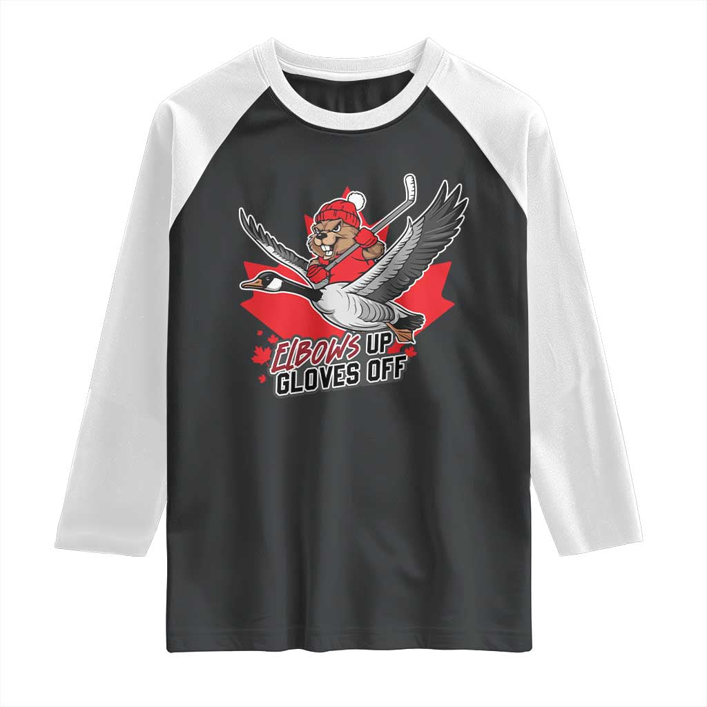 Elbows Up Gloves Off Raglan Shirt Canadian Ice Hockey Beaver Gift - Wonder Print Shop