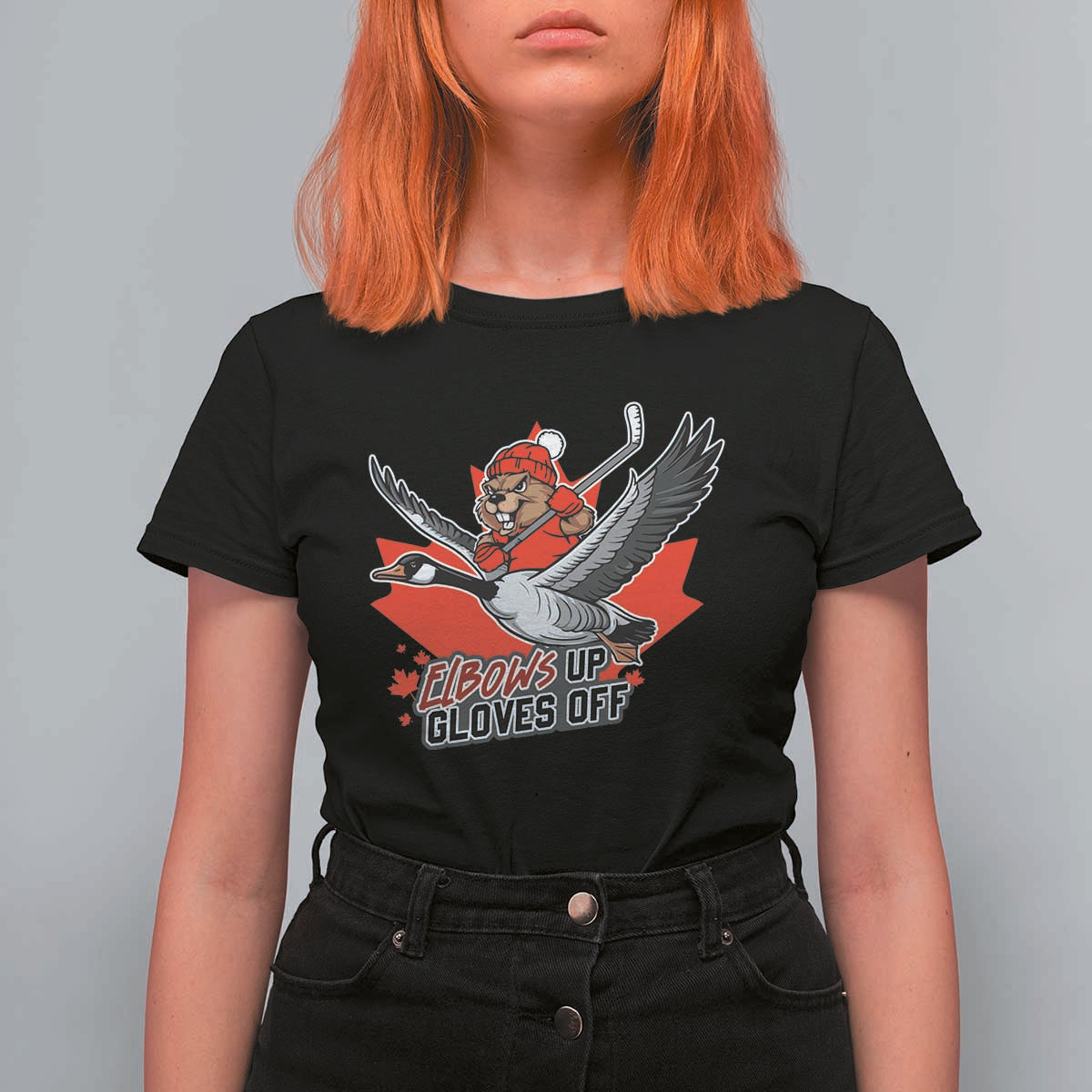 Elbows Up Gloves Off T Shirt For Women Canadian Ice Hockey Beaver Gift - Wonder Print Shop