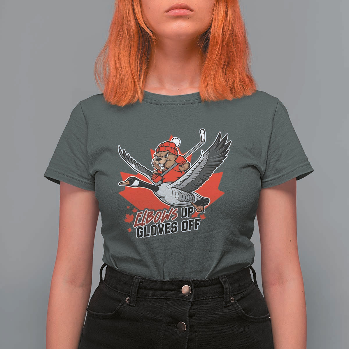 Elbows Up Gloves Off T Shirt For Women Canadian Ice Hockey Beaver Gift - Wonder Print Shop