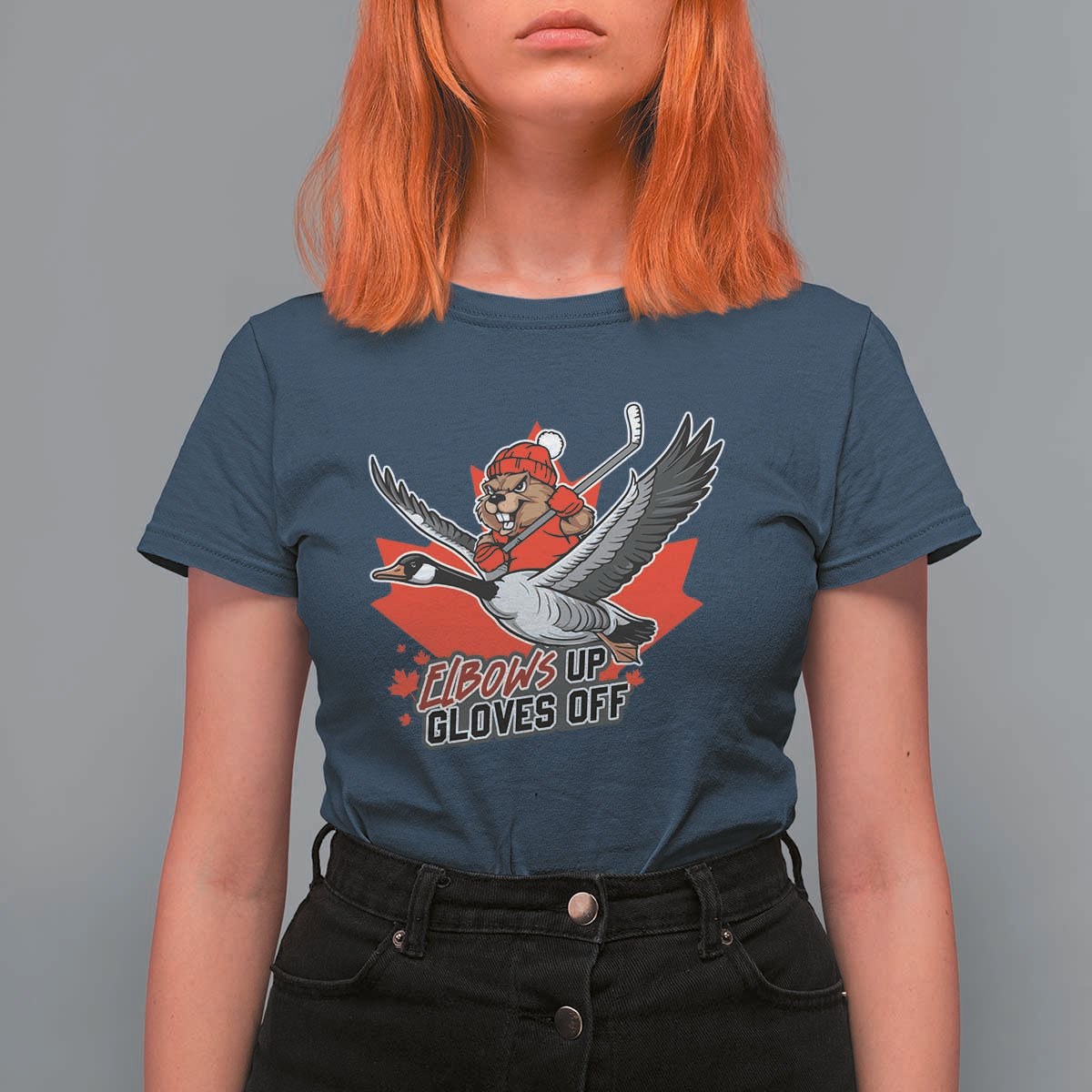 Elbows Up Gloves Off T Shirt For Women Canadian Ice Hockey Beaver Gift - Wonder Print Shop