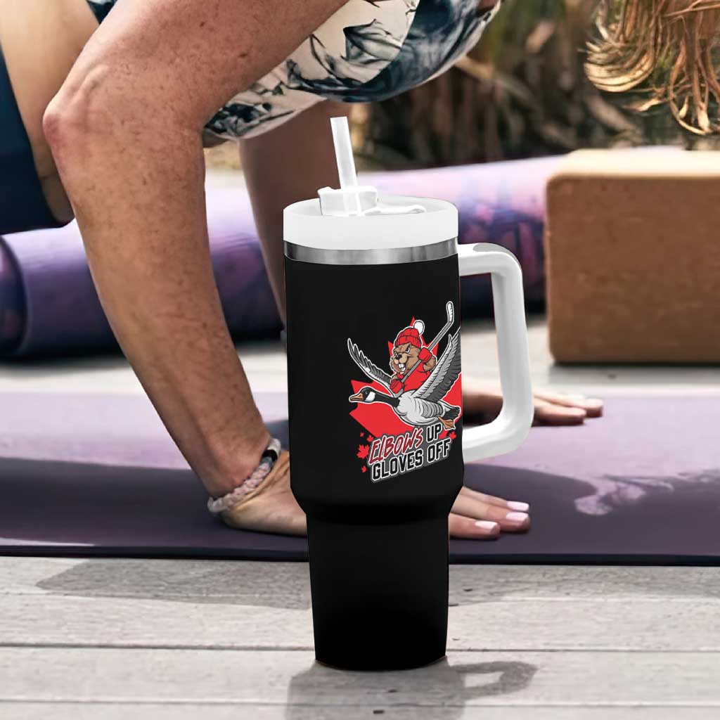 Elbows Up Gloves Off Tumbler With Handle Canadian Ice Hockey Beaver Gift - Wonder Print Shop