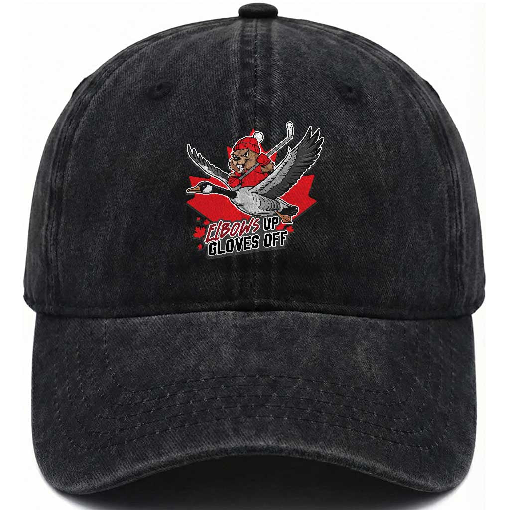 Elbows Up Gloves Off Washed Cotton Baseball Cap Canadian Ice Hockey Beaver Gift
