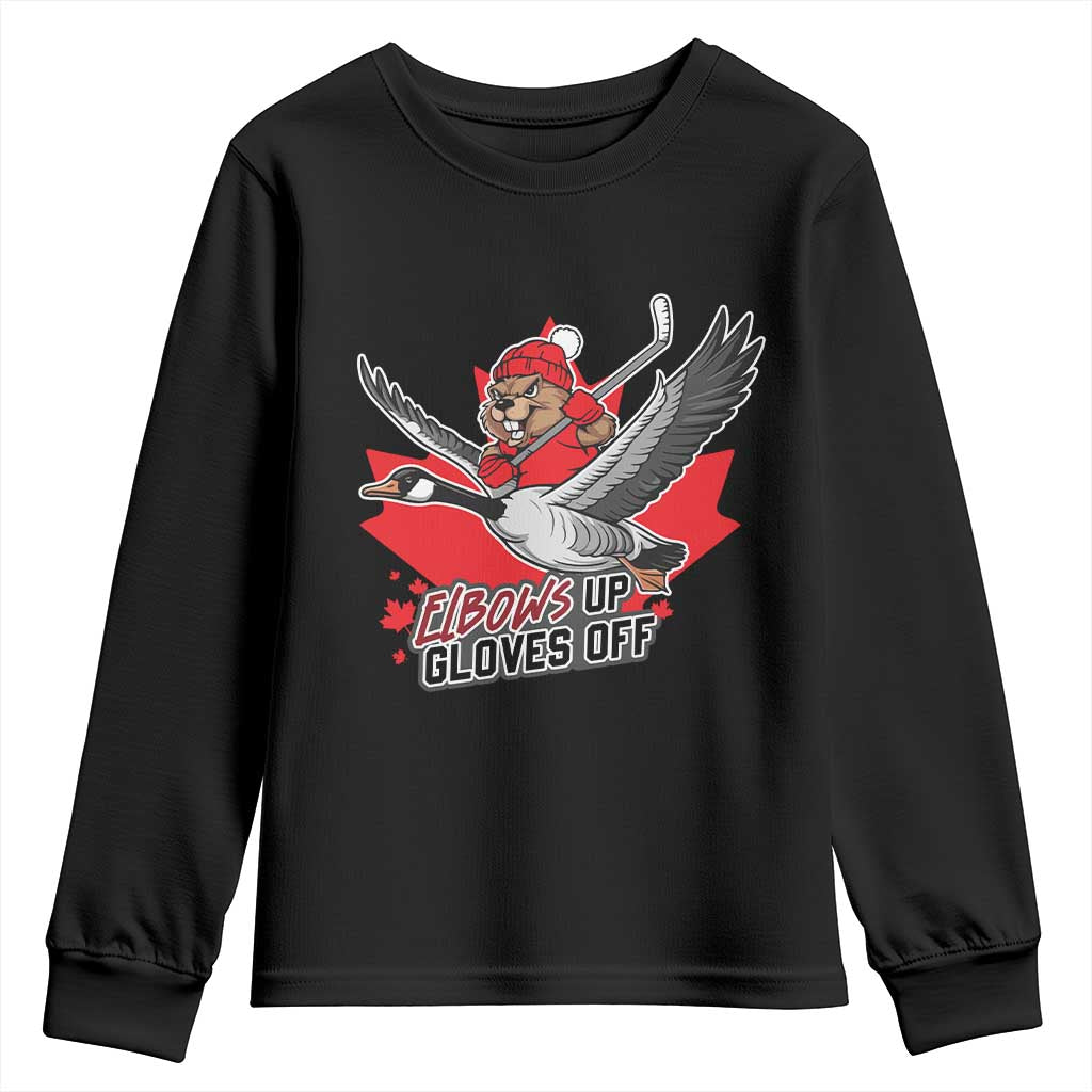 Elbows Up Gloves Off Youth Sweatshirt Canadian Ice Hockey Beaver Gift - Wonder Print Shop