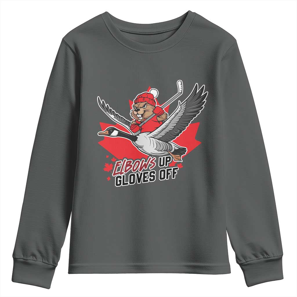 Elbows Up Gloves Off Youth Sweatshirt Canadian Ice Hockey Beaver Gift - Wonder Print Shop