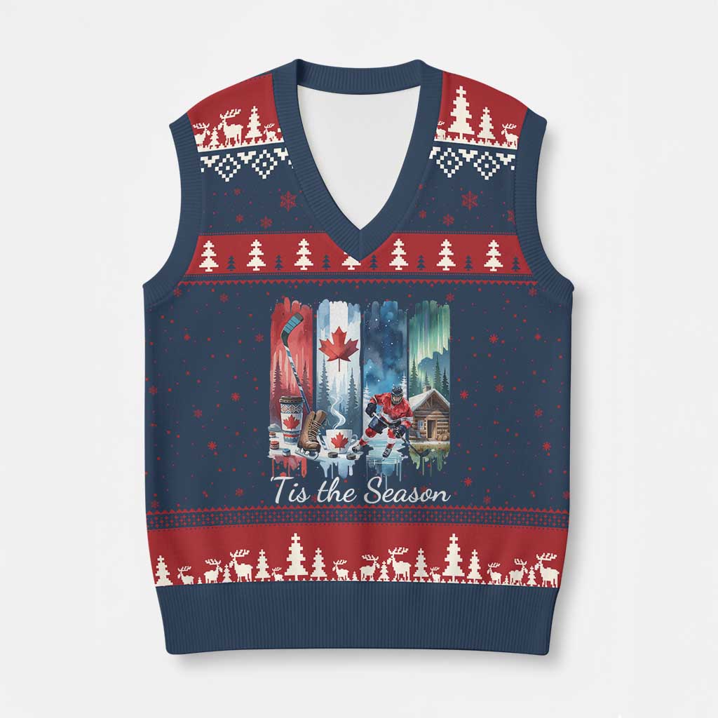 Xmas Canada Ice Hockey Lover V-Neck Knit Sweater Vest Tis The Season - Wonder Print Shop