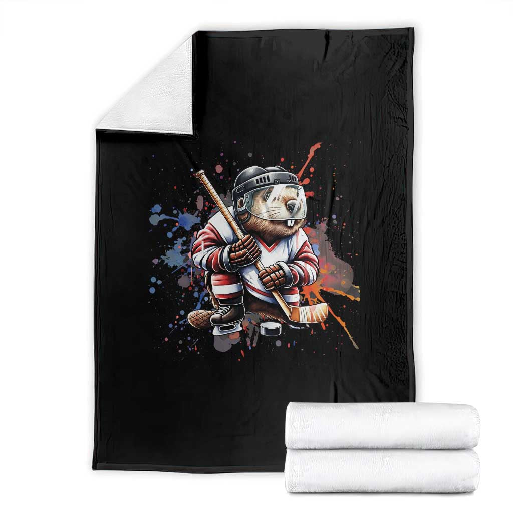 Funny Beaver Playing Ice Hockey Throw Blanket Winter Sports Gift - Wonder Print Shop