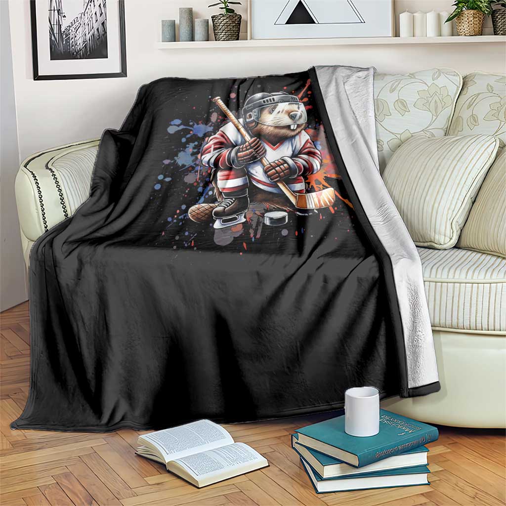 Funny Beaver Playing Ice Hockey Throw Blanket Winter Sports Gift - Wonder Print Shop
