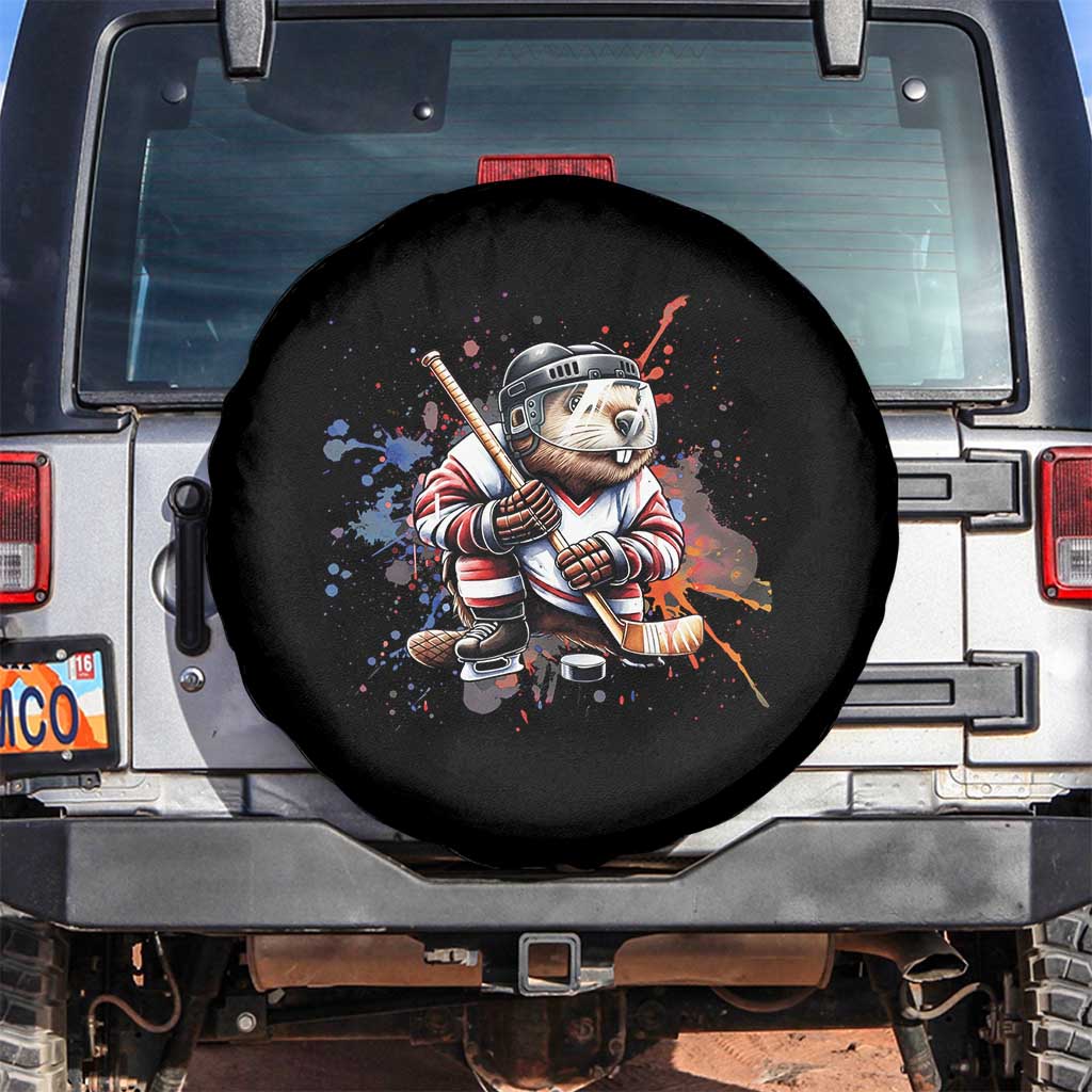 Funny Beaver Playing Ice Hockey Spare Tire Cover Winter Sports Gift - Wonder Print Shop