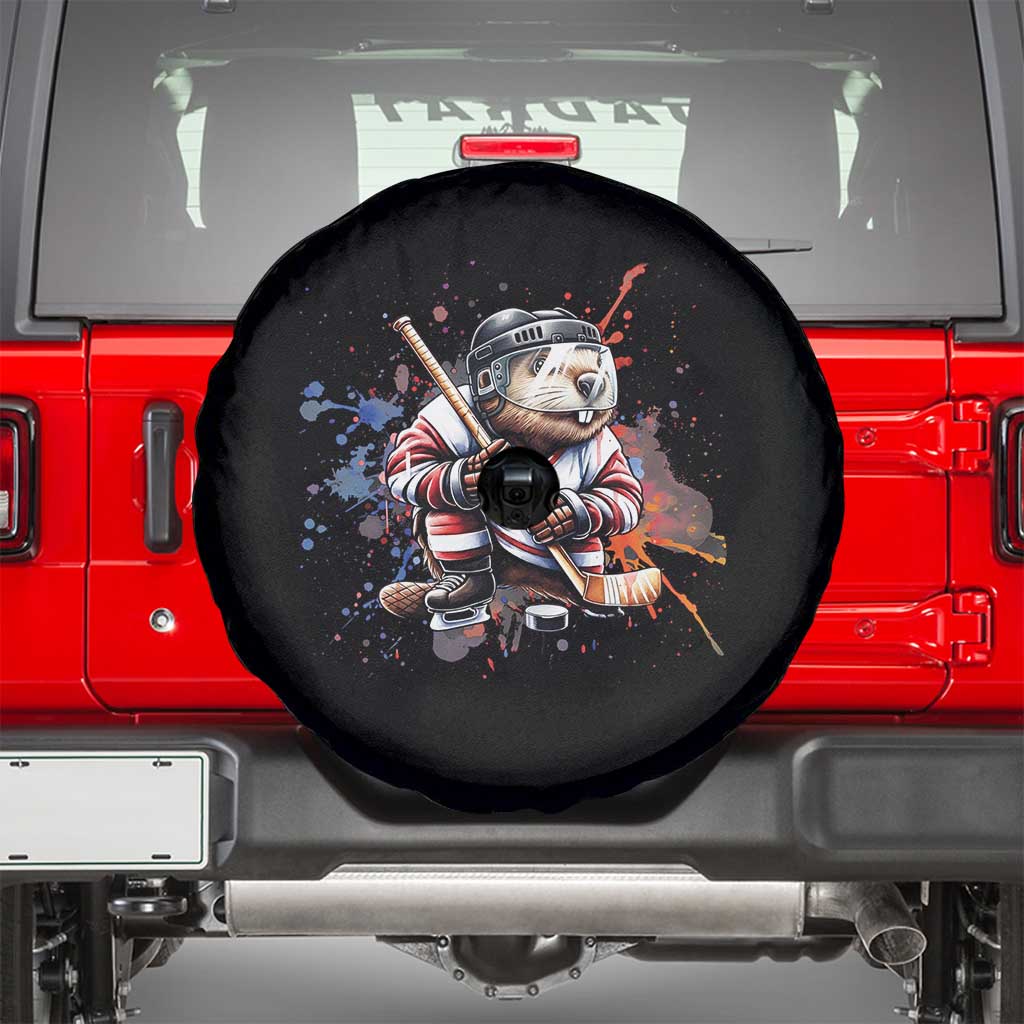 Funny Beaver Playing Ice Hockey Spare Tire Cover Winter Sports Gift - Wonder Print Shop